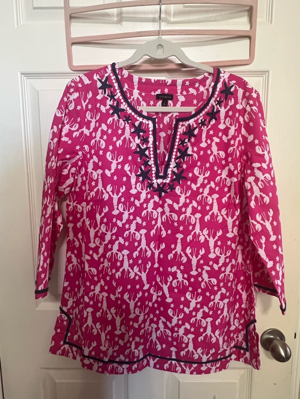 Talbots Hot Pink Printed Tunic with Navy Trim